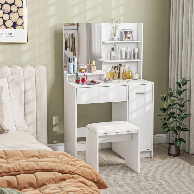 HOMCOM Toucador de Maquilhagem com Banco Mesa de Maquilhagem com Espelho Prateleiras e Gaveta 80x40x132 cm Branco e Bege