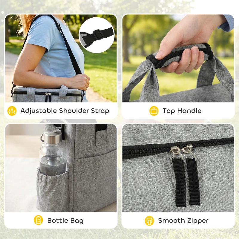 PawHut Sac de Transport pour Chien avec Poches, 2 Sacs à Nourriture, Bol Pliable, Séparateur Réglable, 38x17x35cm, Gris Clair