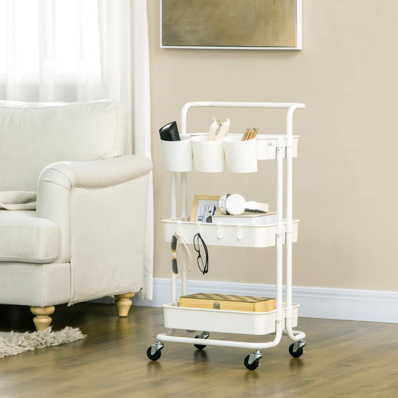 HOMCOM Carrello Cucina Multiuso a 3 Livelli con Cestini e Ganci Rimovibili, Ripiano con 12 Divisori, Bianco