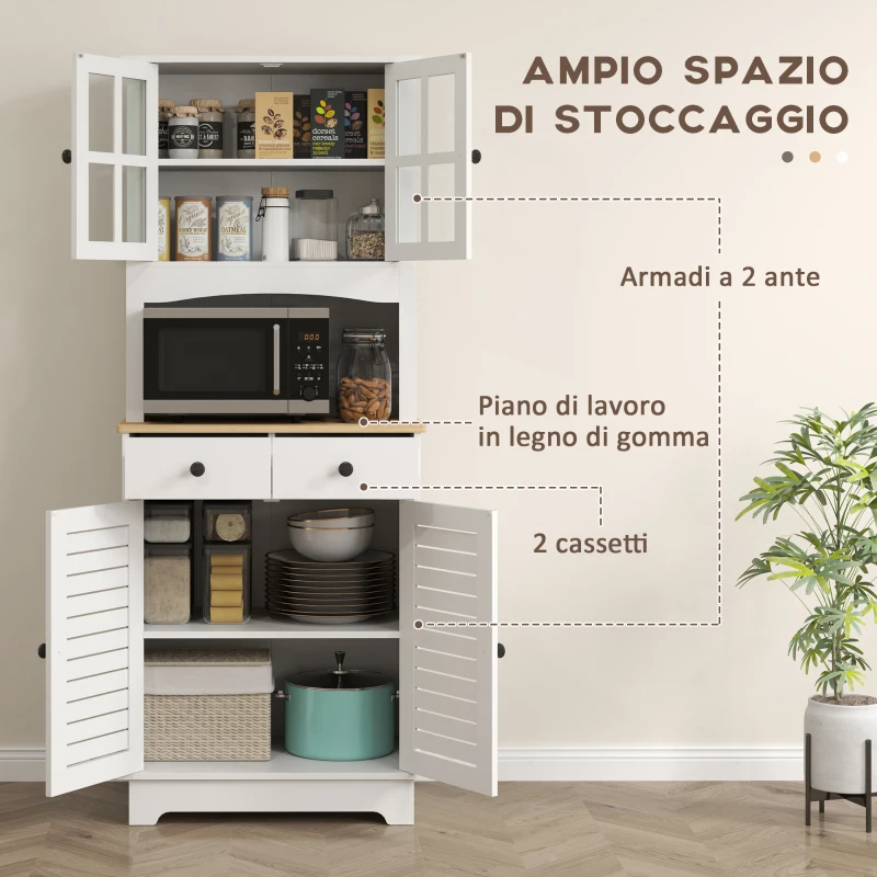 HOMCOM Armadio da Cucina con Porte in Vetro, 2 Cassetti, Armadio per Stoviglie, Armadio da Sala da Pranzo, Legno, 68 x 39,5 x 170 cm, Bianco