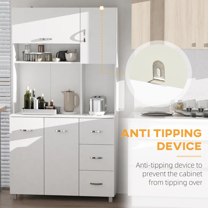 HOMCOM Kitchen Cupboard, 183cm Tall Storage Cabinet with Countertop, Sideboard with 3 Small Drawers, Flip Up Top Door, 3 Cabinet Doors and Open Shelves, 100W x 39.5D x 183.5H cm, White