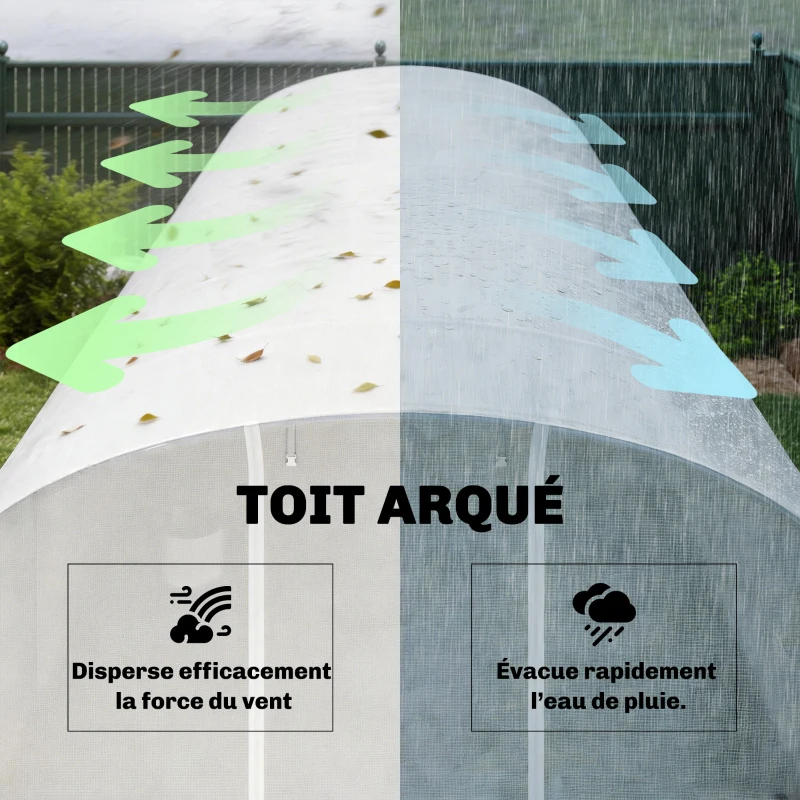 Outsunny Serre tunnel de jardin 24m², serre de jardin tunnel avec cadre en acier galvanisé, portes et 2 grandes fenêtres, blanc