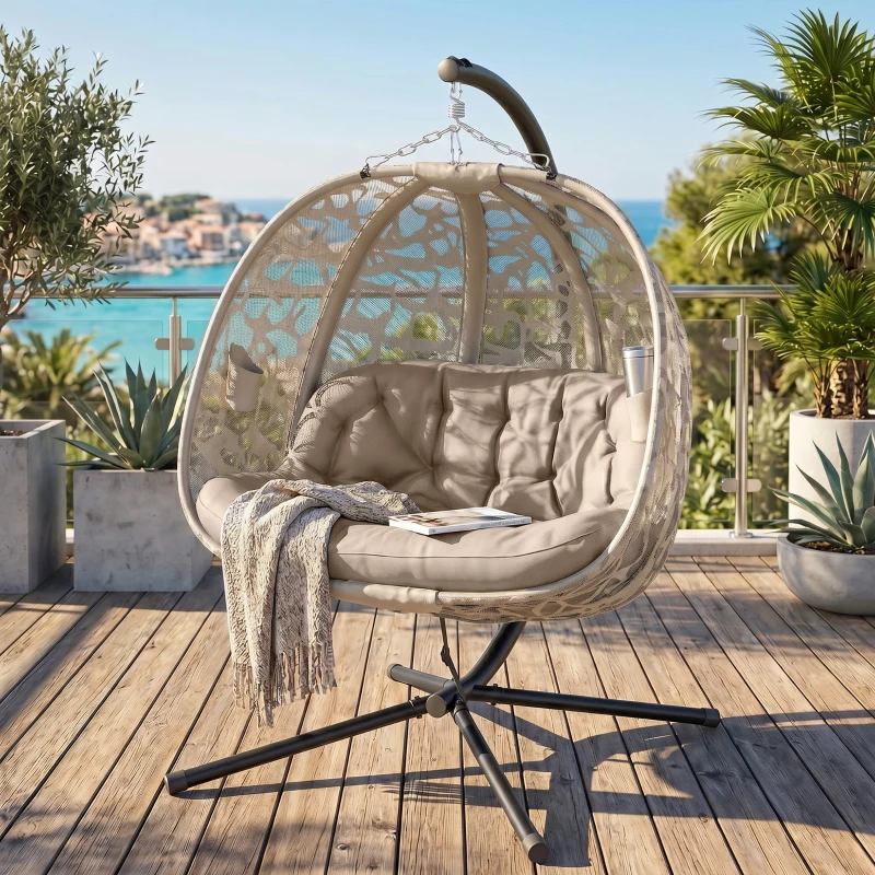 Outsunny Poltrona Sospesa 2 Posti con 2 Tasche, 2 Cuscini e Cesto Pieghevole, 126x126x176 cm