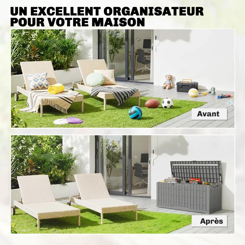 Outsunny Coffre de Rangement Extérieur 379 L Verrouillable avec Vérin à Gaz, Aspect Bois, 122,5x56x62cm, Gris