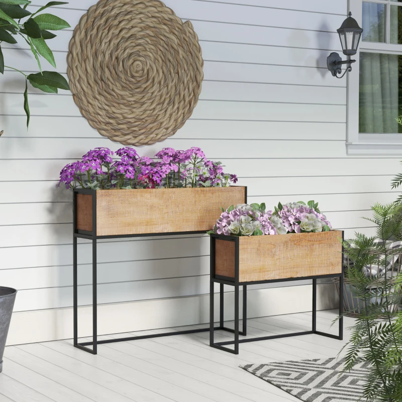 Outsunny Lot de 2 jardinières sur pieds en bois et métal 2 tailles 80 x 20 x 70 cm - 60 x 20 x 50 cm noir et naturel