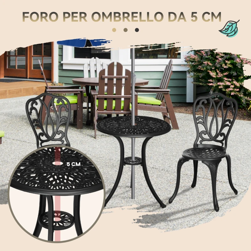 Outsunny Set da Giardino 3pz con 2 Sedie da Esterno e Tavolino in Vetro con Foro per Ombrellone, in Alluminio, Nero