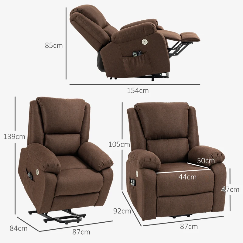 HOMCOM Poltrona Alzapersona Reclinabile con Poggiapiedi, in Tessuto Effetto Lino, 87x92x105 cm, Caffè
