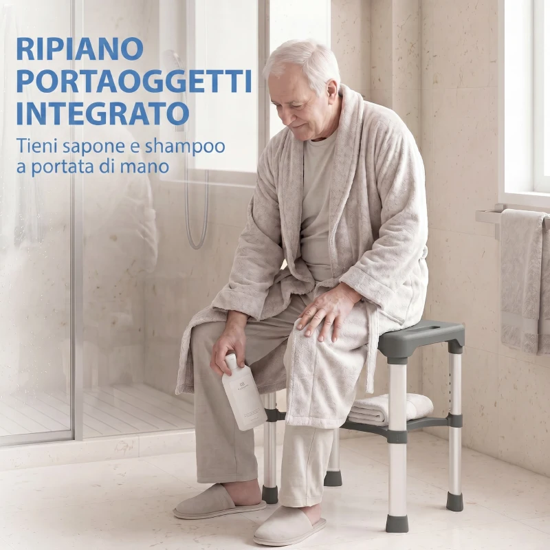HOMCOM Sgabello per Doccia in Alluminio con Mensola Integrato, Altezza Regolabile 5 Livelli, Portata 150kg, Grigio