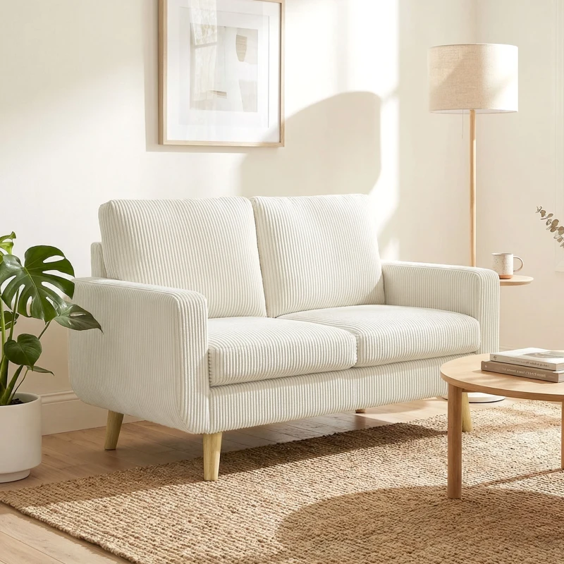 HOMCOM Canapé 2 places en velours côtelé, canapé de salon moderne 134 cm, assise rembourrée, coussin à ressorts, crème