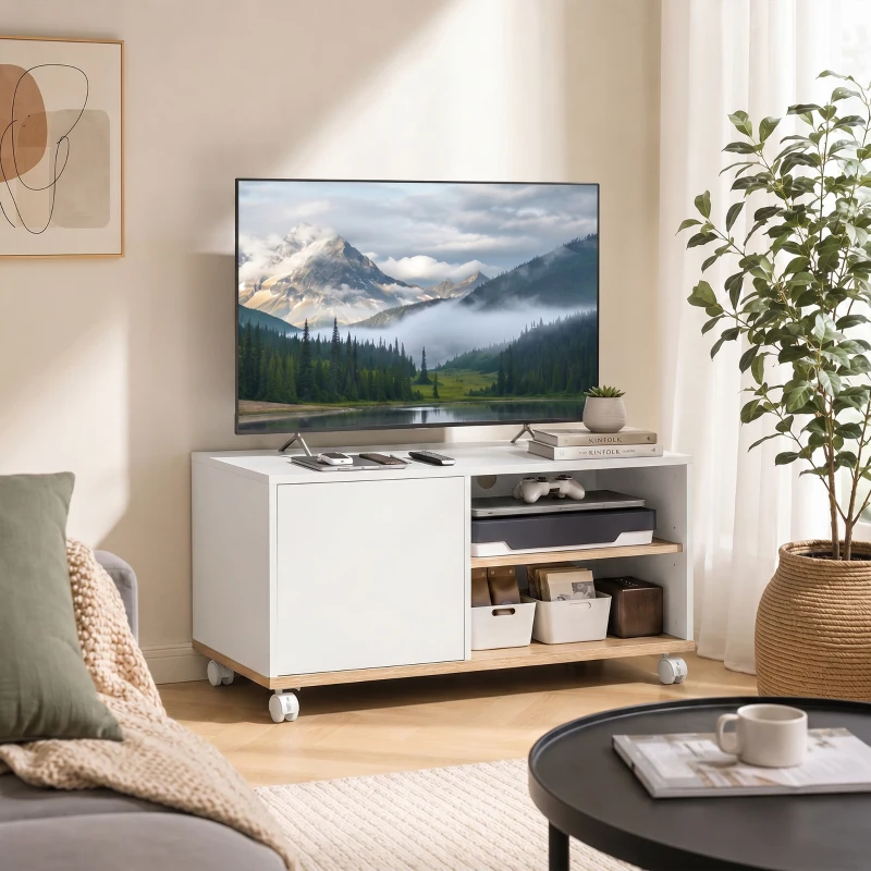 HOMCOM Mueble TV con Ruedas y Frenos Mueble de TV con Armario y Estante Regulable Blanco y Roble