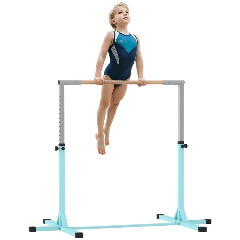 HOMCOM Barra Fija de Gimnasia para Niños Altura Regulable 13 Niveles de 92-150 cm en Acero y Madera de Haya Cian
