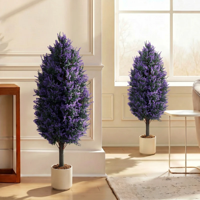 HOMCOM Set of 2 Artificial Lavender Flowers, Indoor Outdoor Fake Plants with Stakes, UV Resistant for Garden,  90 cm, Blue