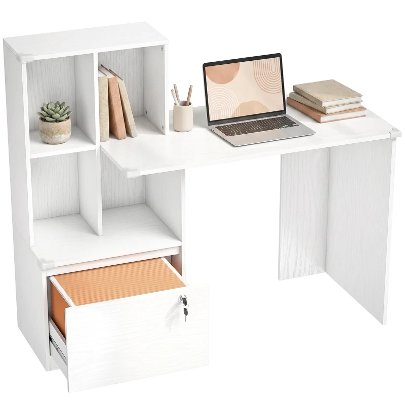HOMCOM Escritorio para Ordenador con Estantería de 4 Compartimentos y Cajón Archivador con Cerradura 126 x 50 x 109 cm Veta de Madera Blanca