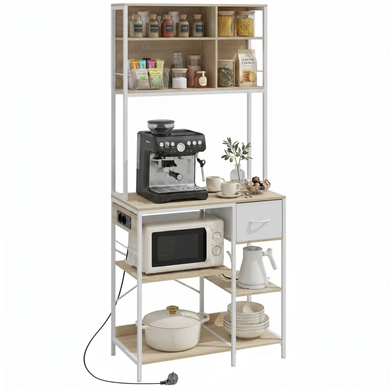 HOMCOM Estantería de Cocina Soporte de Microondas con Estantes y 6 Ganchos para Espacios Reducidos 80x40x181 cm Roble