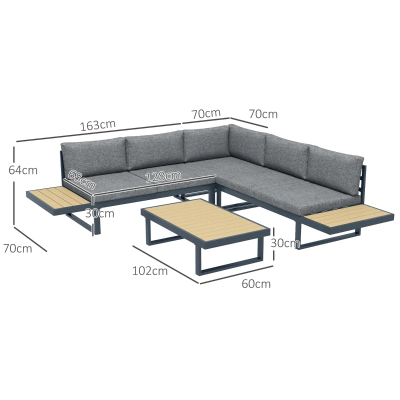 Outsunny Set da Giardino 4 Pezzi in Alluminio con 2 Divanetti, Poltrona Angolare e Tavolino da Caffè, Grigio e Teak