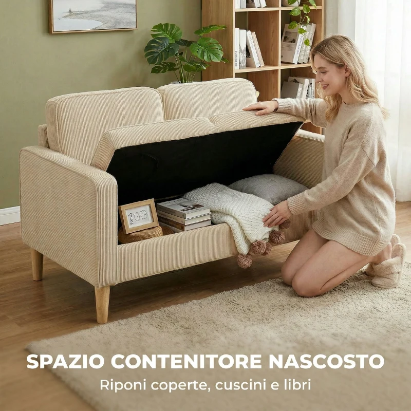 HOMCOM Divano Moderno 2 posti con con 2 cuscini e vano piedi, 117x63x79 cm, Beige