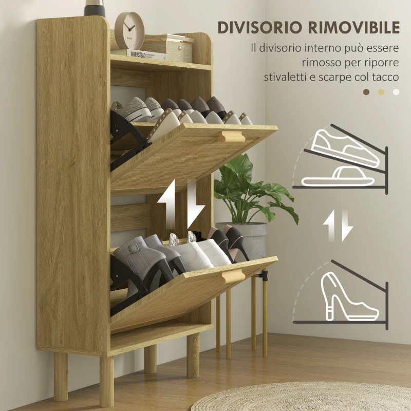 HOMCOM Mobile Portascarpe Stretto per Ingresso, con 2 Cassetti Ribaltabili, Ripiani Regolabili e Piano Superiore, Rovere