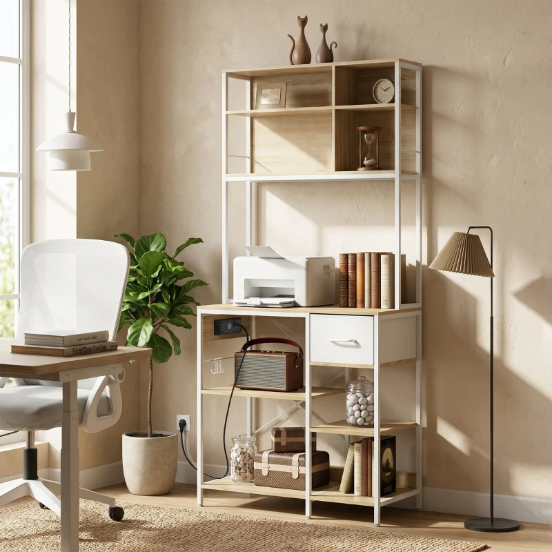 HOMCOM Estantería de Cocina Soporte de Microondas con Estantes y 6 Ganchos para Espacios Reducidos 80x40x181 cm Roble