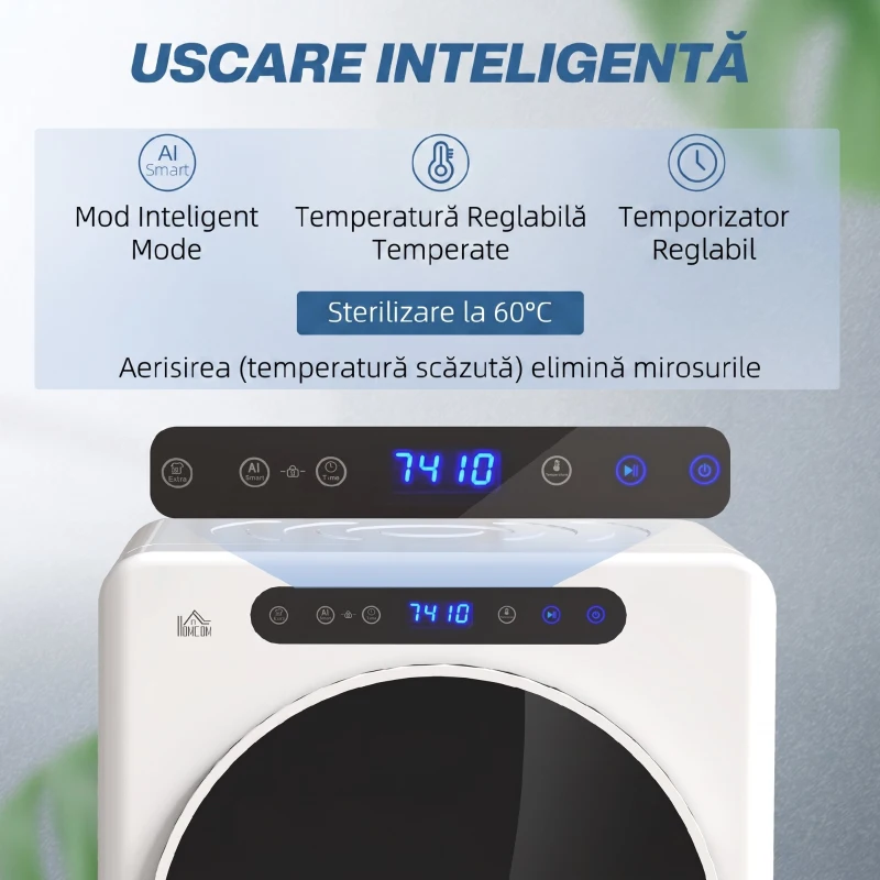 HOMCOM Mini Uscător Electric 1000W de 3 kg cu Afișaj LED, 49x43x61 cm, Alb