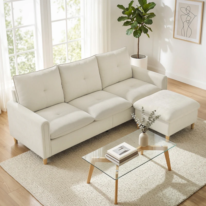 HOMCOM Canapé 3 places avec pouf de rangement, canapé d'angle modulable 210 cm, assise large, tissu aspect lin, crème