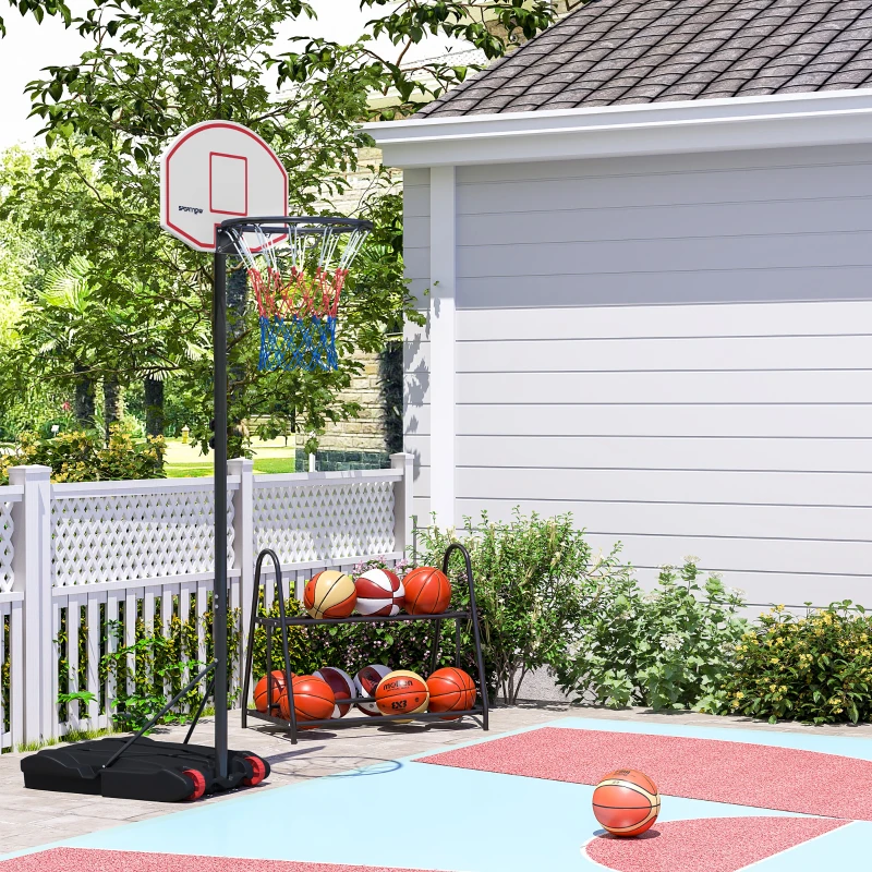 SPORTNOW Canasta de Baloncesto con Tablero de Dardos Altura Ajustable Base Rellenable y Ruedas 74x55x210-247 cm Negro