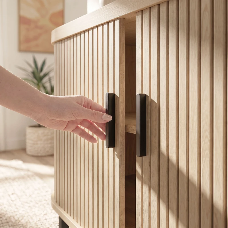 HOMCOM Buffet salon, meuble de rangement ovale avec 2 portes coulissantes et étagères réglables, 140x40x75cm, bois naturel