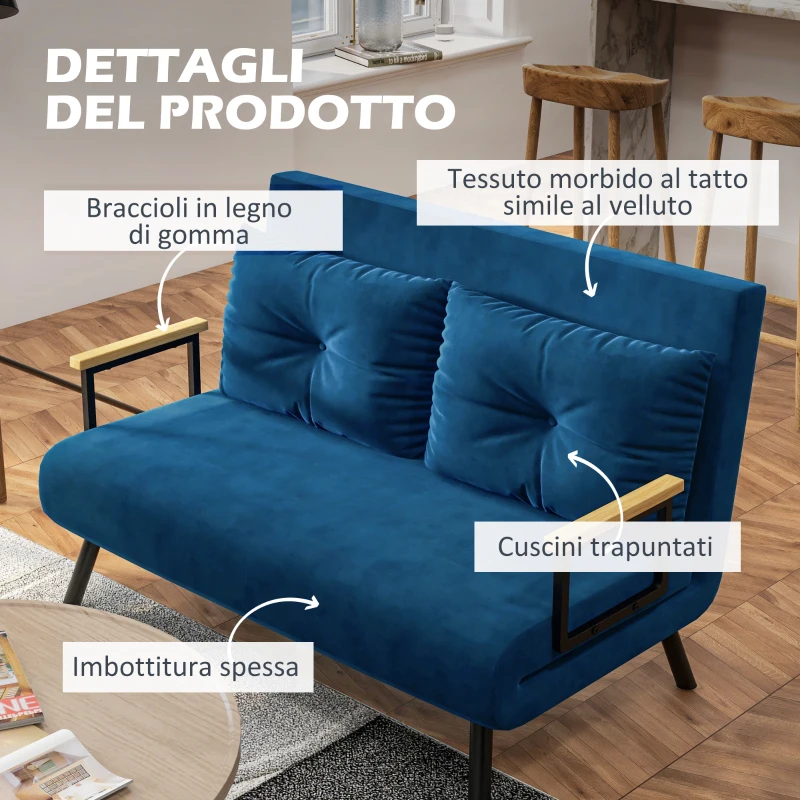 HOMCOM Divano Convertibile a 2 Posti con Schienale Regolabile a 5 Livelli e 2 Cuscini Imbottiti, Rivestimento in Velluto, Blu