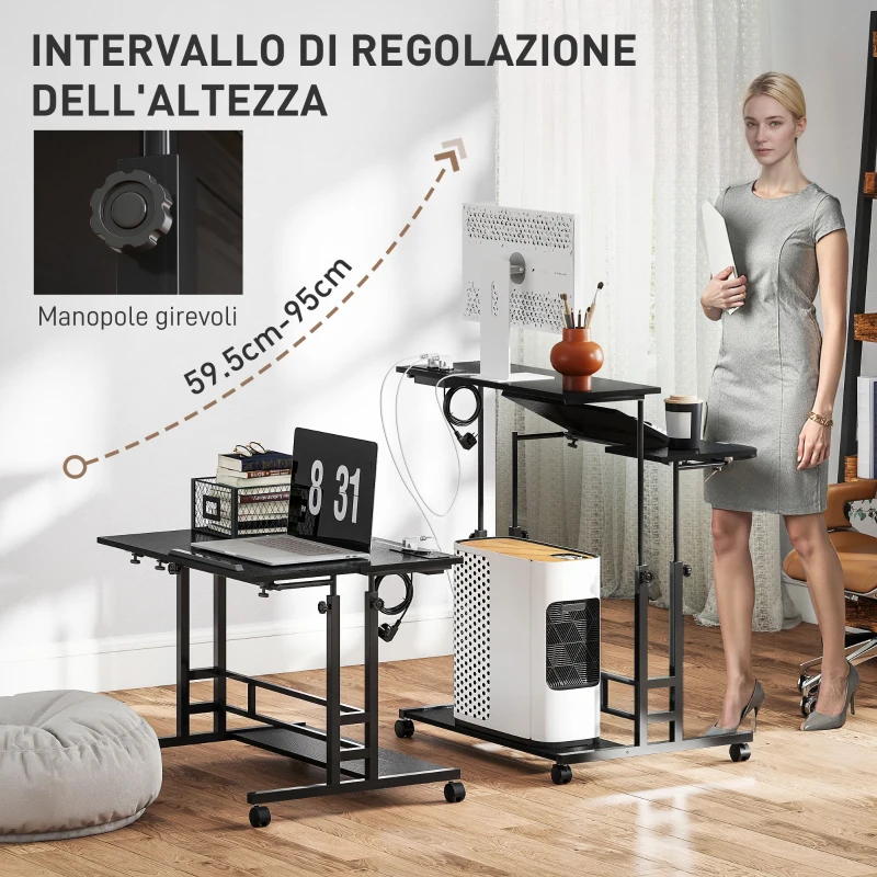 HOMCOM Scrivania con Altezza Regolabile, con Ruote, Prese e Porte USB, 80x60 cm, Nero