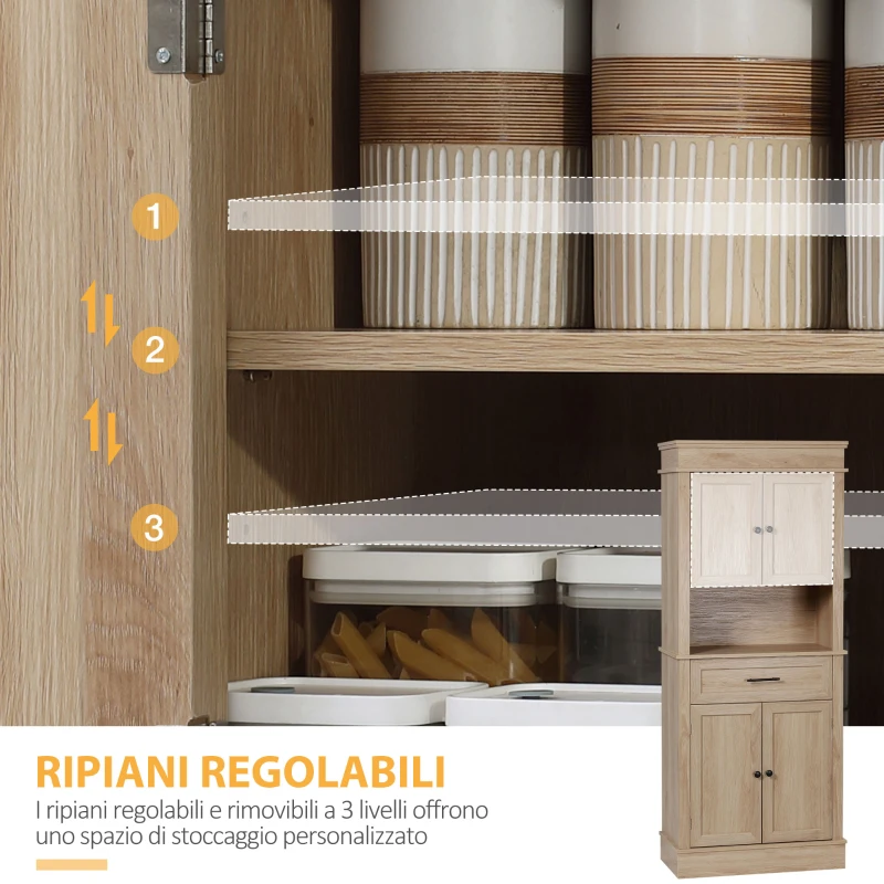 HOMCOM Credenza Buffet da Cucina con Armadi, Ripiani Regolabili, Cassetto e Ripiano Aperto, Stile Moderno per Sala da Pranzo, Soggiorno, 74 x 39,5 x 183 cm, Quercia Chiara