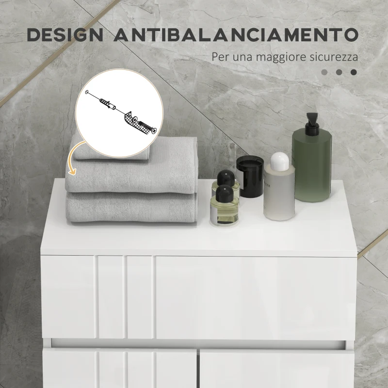 kleankin Mobiletto da Bagno su Piedi con 2 Porte e 1 Cassetto, Scaffale Regolabile, Bianco Lucido