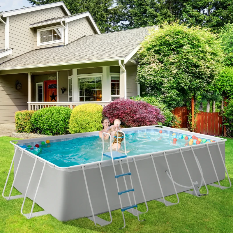 Outsunny Piscina supraterana cu cadru de otel cu pompa de filtru, cartus filtrant, pereti laterali ranforsati Rezistenta la rugina Piscina supraterana 580L x 310l x 122H cm, Gri deschis