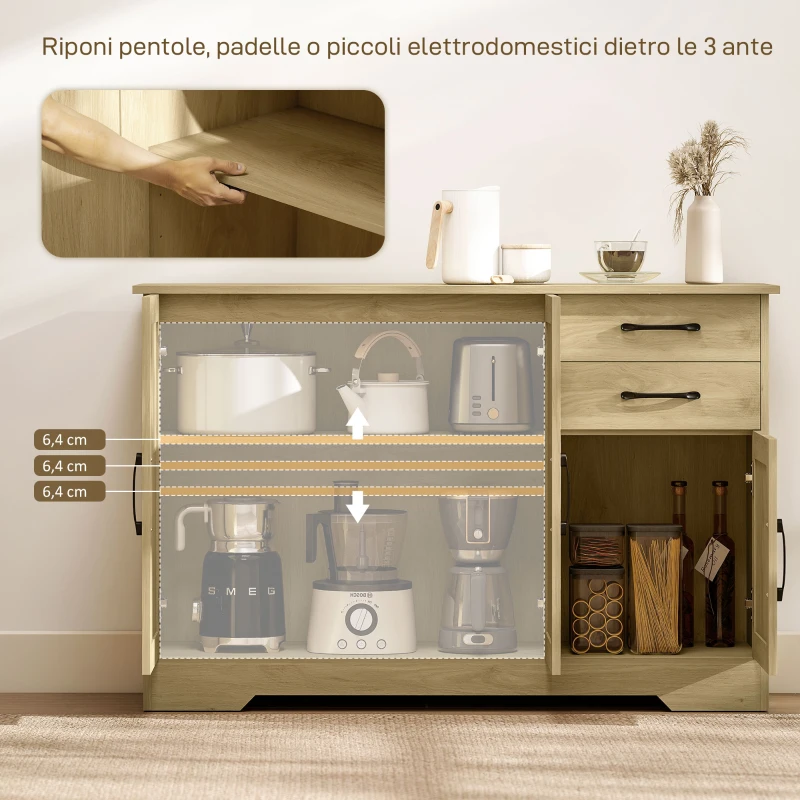 HOMCOM Credenza Moderna con 3 Porte, 2 Cassetti e Ripiano Regolabile 120x38x79 cm Legno Naturale