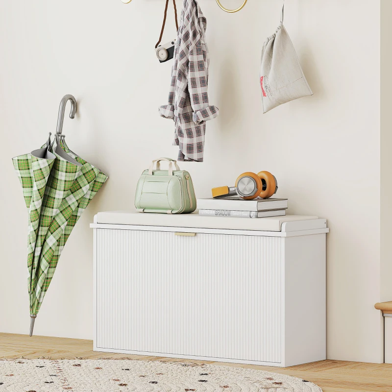 HOMCOM Panca Scarpiera con Ripiano Interno, in Legno e Tessuto Effetto Lino, 80x26x47.5 cm, Bianca e Beige