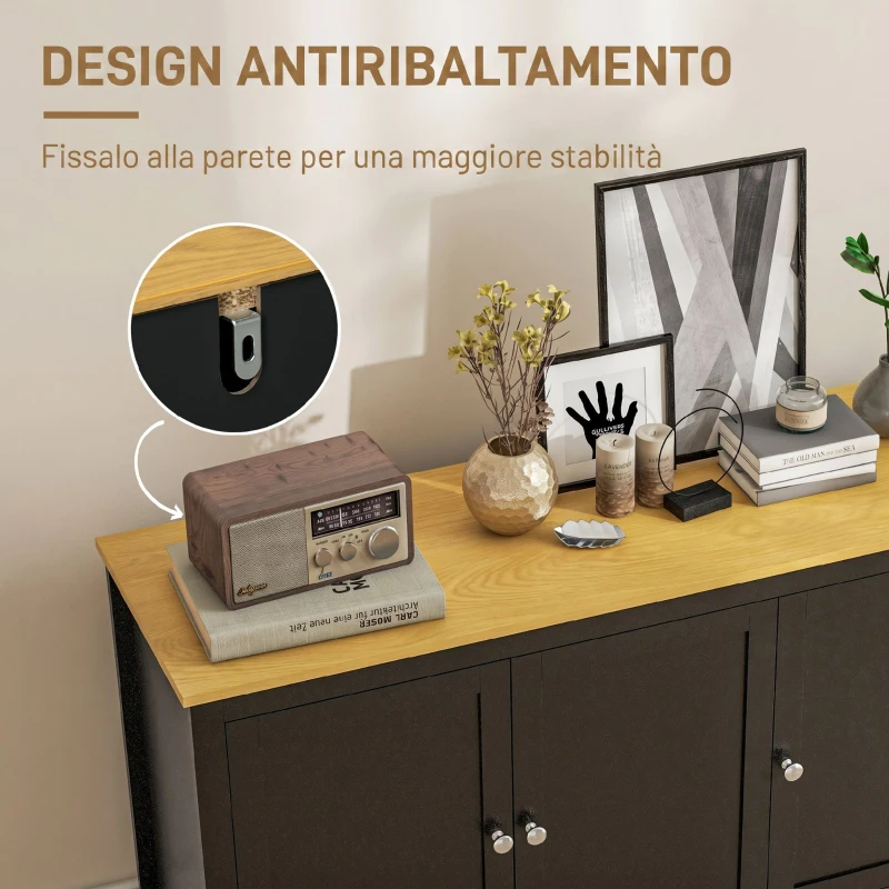 HOMCOM Mobile Contenitore con 2 Armadietti a 2 Ripiani Regolabili su 3 Altezze, 120x40x70 cm, Nero e color Legno