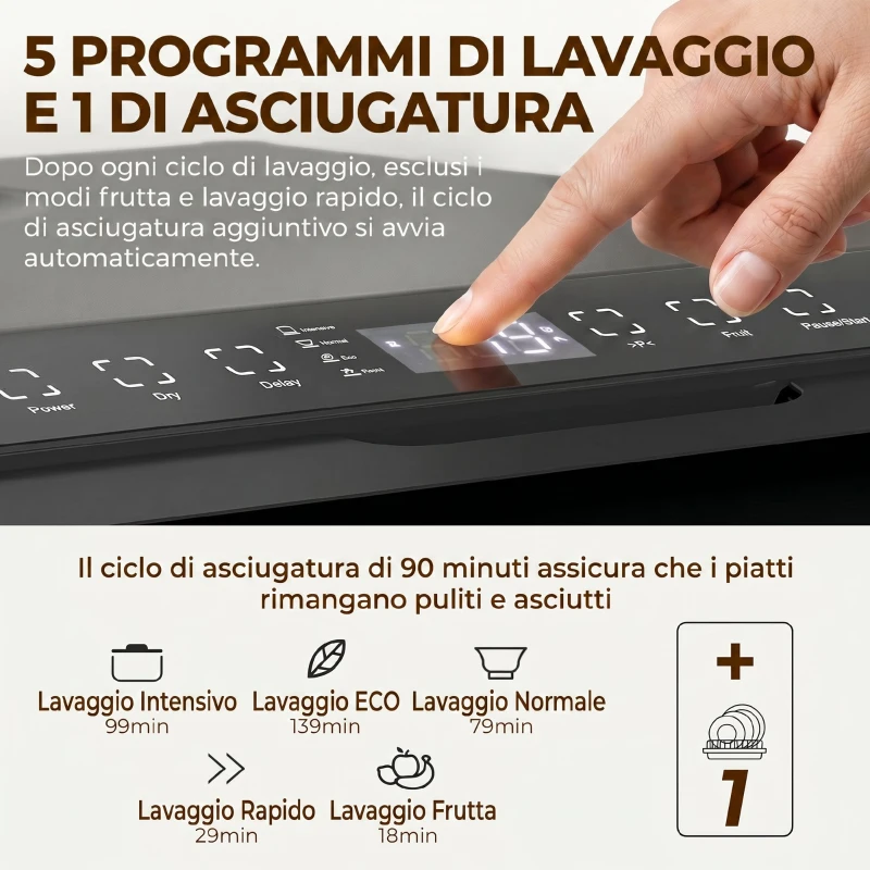 HOMCOM Lavastoviglie da Tavolo, con Serbatoio Integrato da 6 L, 5 Programmi, 4 Coperti e Display LED, Nero