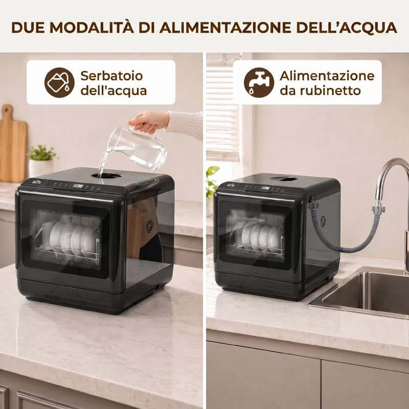 HOMCOM Lavastoviglie da Tavolo, con Serbatoio Integrato da 6 L, 5 Programmi, 4 Coperti e Display LED, Nero