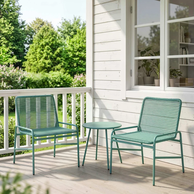 Outsunny Salon de Jardin Extérieur 3 Pièces en Résine Tressée et Acier, Table de Jardin Ronde avec 2 Chaises, 58x67x75cm, Vert