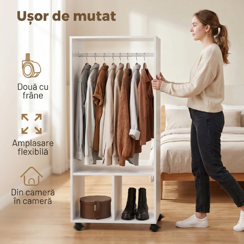HOMCOM Suport Mobil pentru Haine cu Bară din Aluminiu și 2 Rafturi Deschise, Fabricat din PAL, 60x40x128 cm, Alb