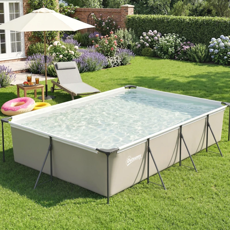Outsunny Piscine Tubulaire Rectangulaire Piscine Hors Sol Nouvelle Structure Stable Antirouille 394,5x208,3x80,5cm Gris