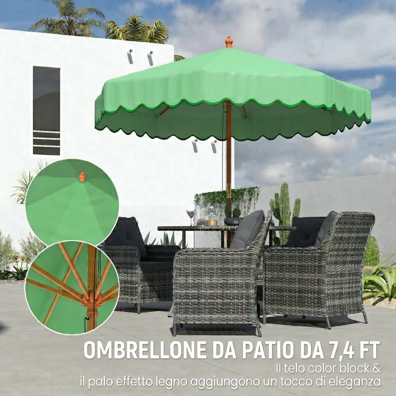 Outsunny Ombrellone rotondo stile retrò chic effetto legno, 230 cm, Verde chiaro