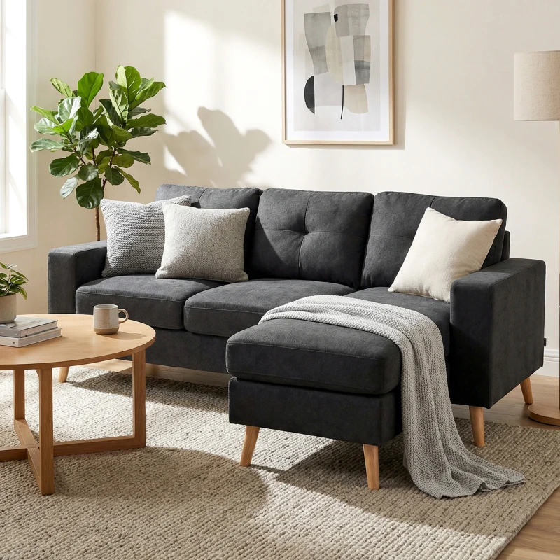 HOMCOM Divano 3 Posti ad Angolo con Penisola Reversibile e Cuscini, in Tessuto Effetto Lino, 193x136x85 cm, Nero