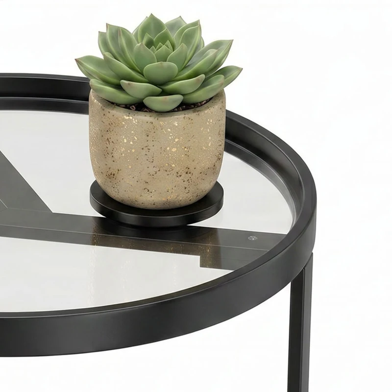 HOMCOM Round Side Table with Tempered Glass Top and Geometric Metal Frame for Small Space, Black