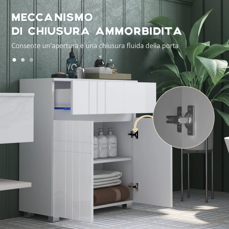 kleankin Mobiletto da Bagno su Piedi con 2 Porte e 1 Cassetto, Scaffale Regolabile, Bianco Lucido