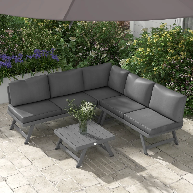 Outsunny Ensemble salon de jardin d'angle et convertible 4 pièces avec 2 banquettes, 1 fauteuil d'angle et 1 table basse