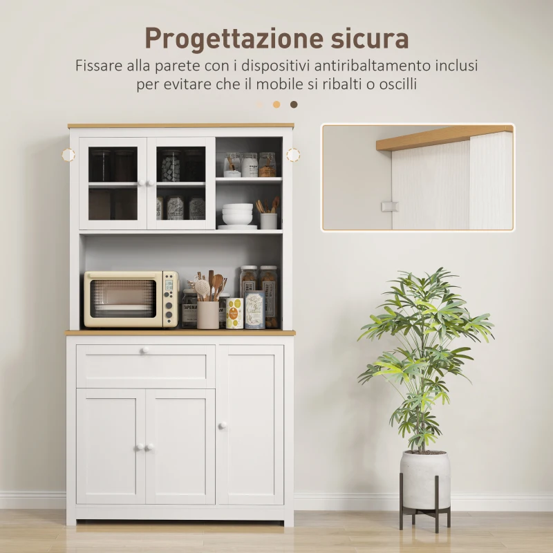 HOMCOM Mobile da cucina stile country con vetrina, cassetto e armadi, Naturale e Bianco