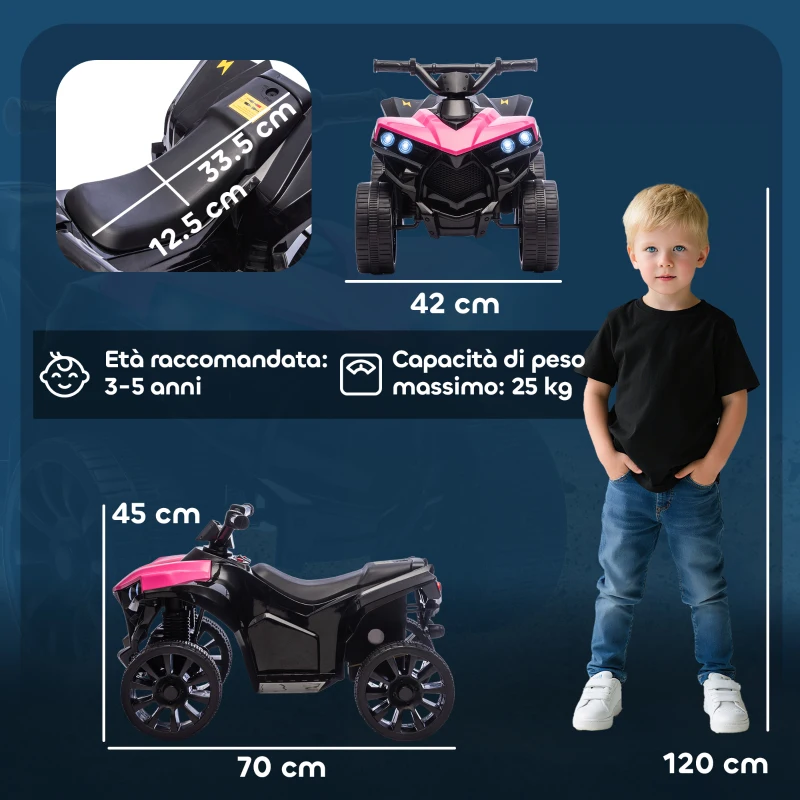 AIYAPLAY Quad elettrico 6V per bambini con musica e fari LED, 70x42x45 cm, Rosa