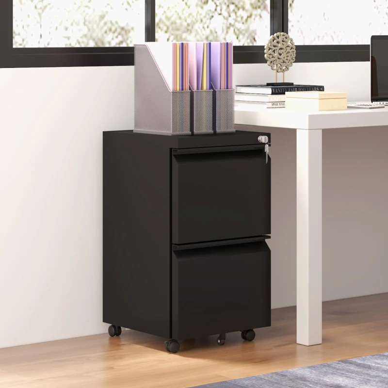 Vinsetto 2-Drawer Mobile Filing Cabinet, Metal Lockable File Cabinet for Letter, A4 and Legal Size, Pre-Assembled Body, Black