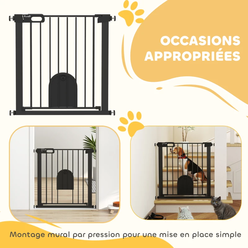 PawHut Barrière de sécurité animaux avec porte fermeture automatique système de double verrouillage, acier noir