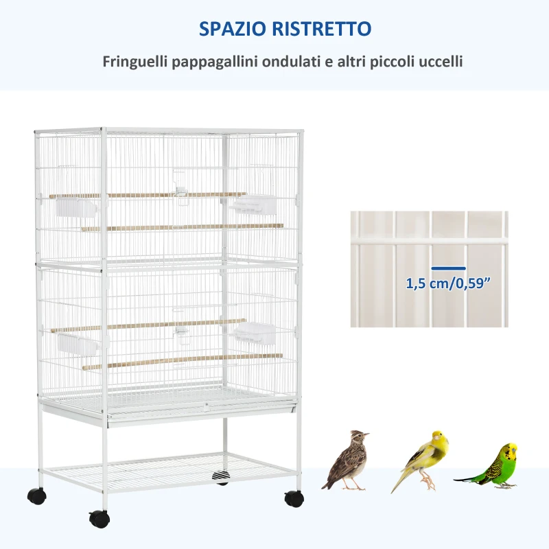 PawHut Gabbia per Uccelli da Interni con Vassoio Estraibile, 4 Ruote e Trespolo, 78x52x132 cm, Bianco
