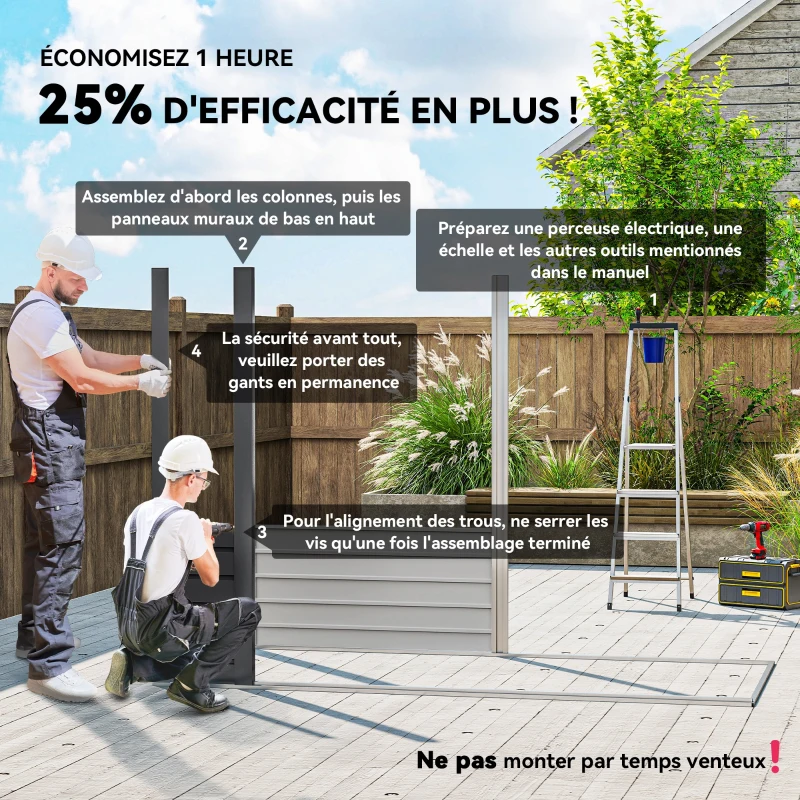 Outsunny Abri de Jardin 2,7 m², Dim. 249 x 121 x 183 cm gants inclus portes doubles verrouillables ventilations tôle acier gris